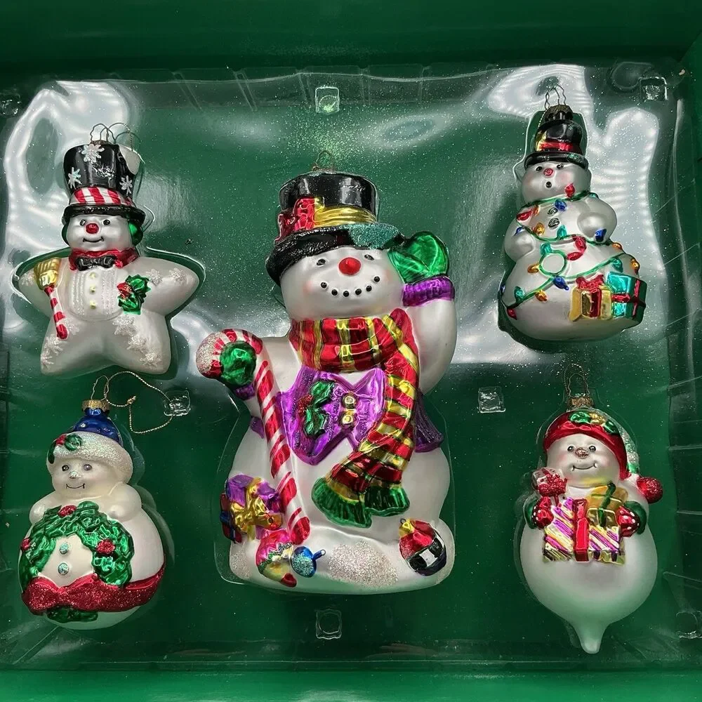 Lumiere Snowman Hand Blown Glass Christmas Ornament Set 5 Boxed Vintage 1998